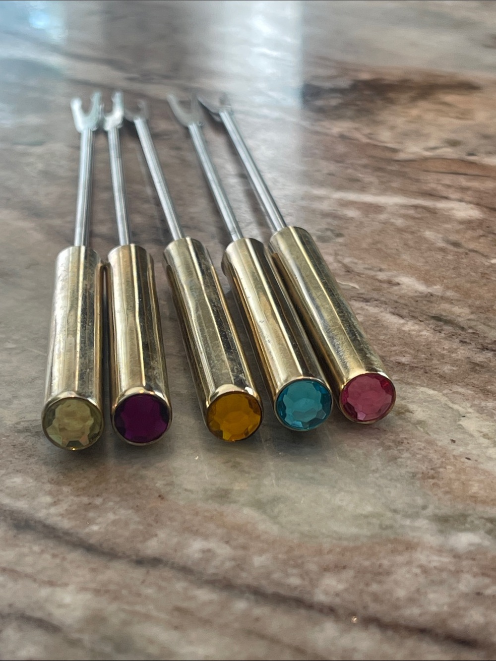 Gold Cocktail Fondue Fork Set with Colored Gem Handles - Home Party Supplies